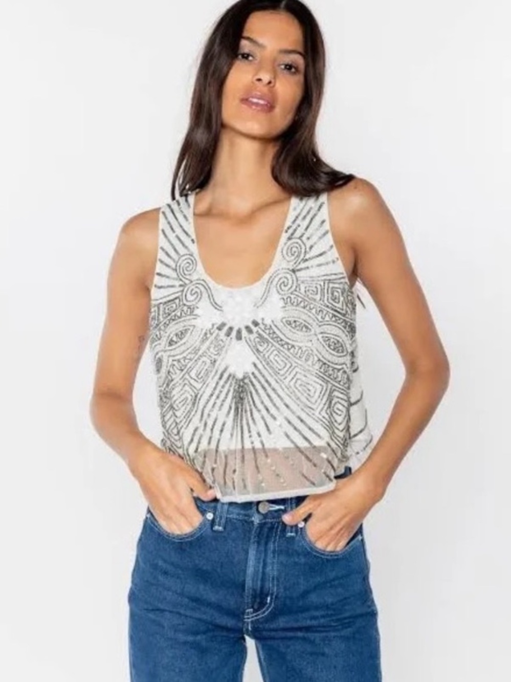 Raga Silver Beaded Festival Sequin Sheer Tank Top